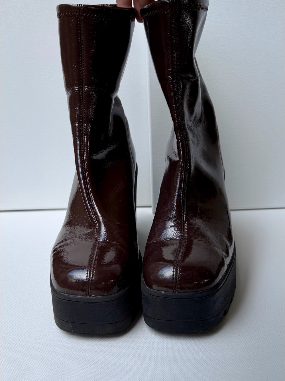 Call It Spring Dark Brown Patent Platform Stretch Boots - Women